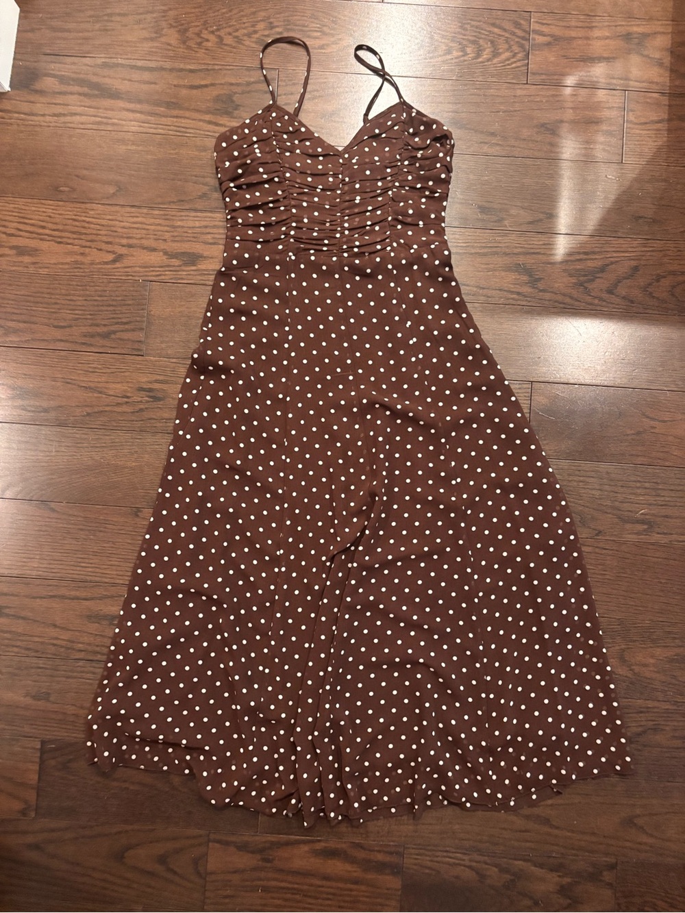 Mango Brown Polka Dot Spaghetti Strap Midi Dress - Picture 2 of 4